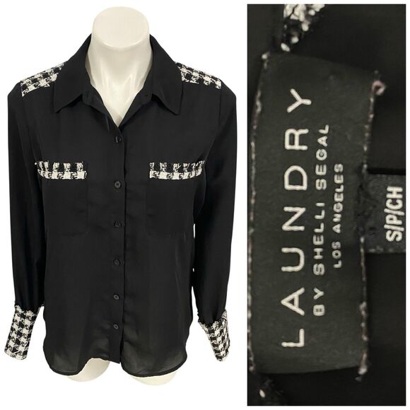 Laundry by Shelli Segal Top Womens Sz Small Black Houndstooth Shirt Work Office - Picture 2 of 16